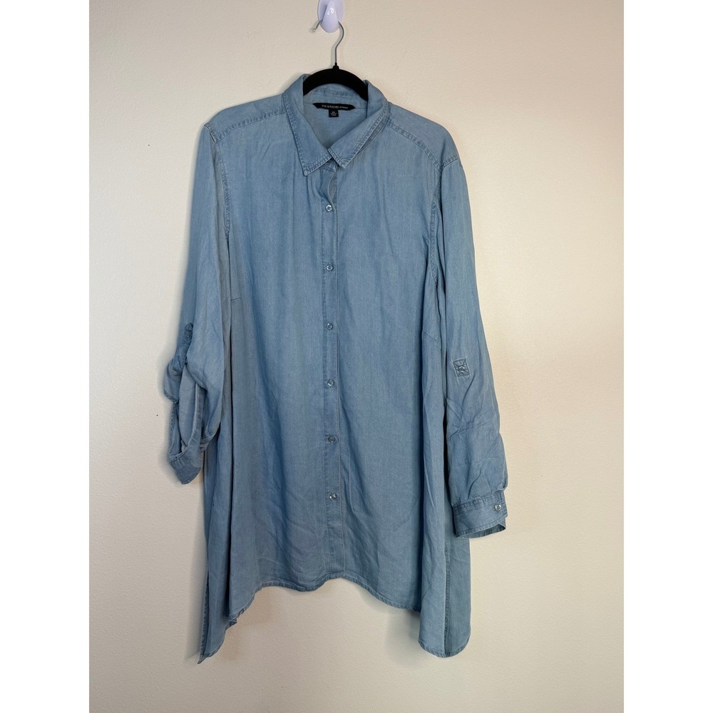 Zac & Rachel Woman Blue Lyocell Roll Tab Sleeve‎ Button Down Tunic Top 2X NWT